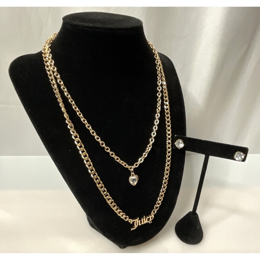 Juicy Couture Necklace Earring Set Gold Tone Chain Logo Pendant 16-19"